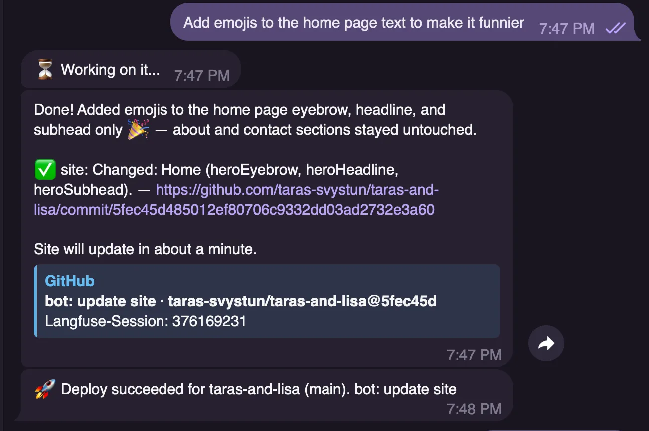 Conversation Telegram : la demande d’ajout d’emojis, les champs modifiés, le lien du commit et la confirmation de déploiement.