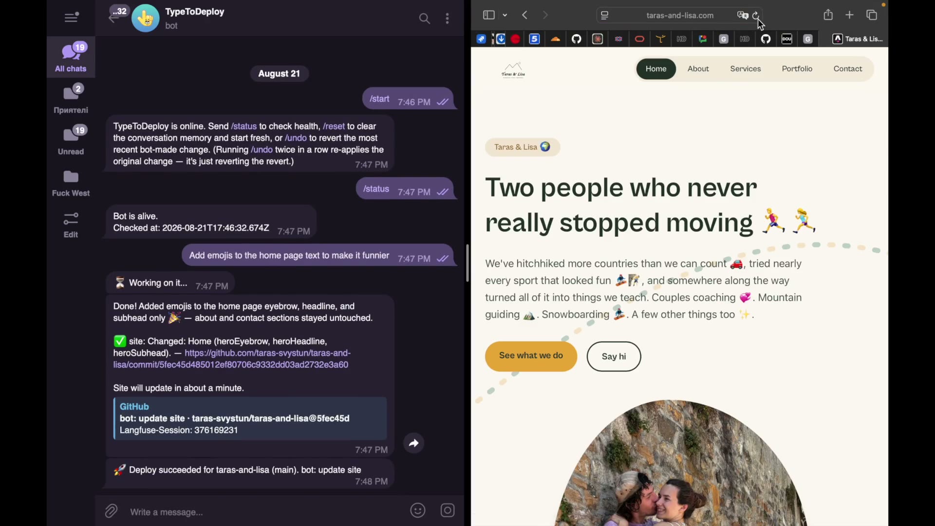 La conversation Telegram à gauche, le site taras-and-lisa.com à droite, pendant une modification.
